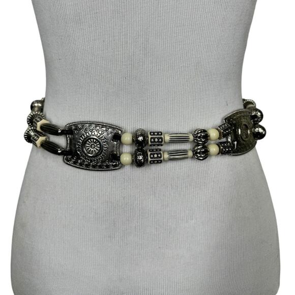 Vintage Western Beaded Medallion Concho Chain Belt Silver Tone Cream Festival main image 4